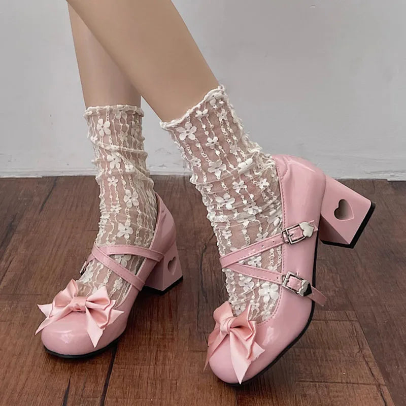 Gominglo - Sweet Pink Bowknot Lolita Pumps Patent Leather Mary Jane High Heels