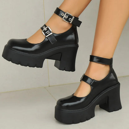 Gominglo - Gothic Chunky Platform Pumps for Women Super High Heels Ankle Strap