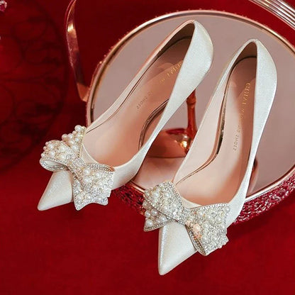 Gominglo -  Luxury Pearl Bowknot Wedding Bridal Shoes for Women