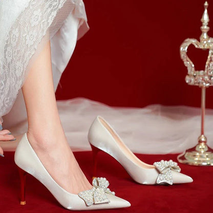 Gominglo -  Luxury Pearl Bowknot Wedding Bridal Shoes for Women