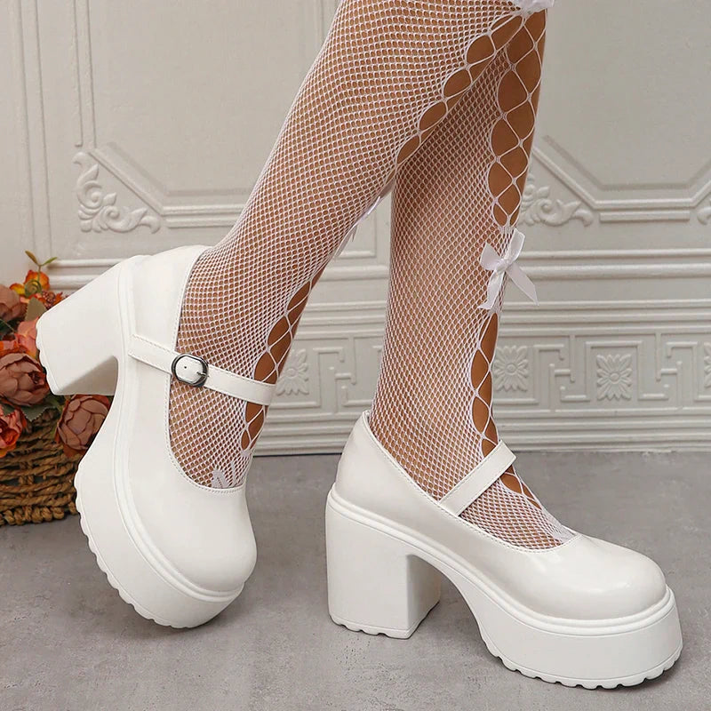 Gominglo - White Platform High Heels Pumps for Women Patent Leather