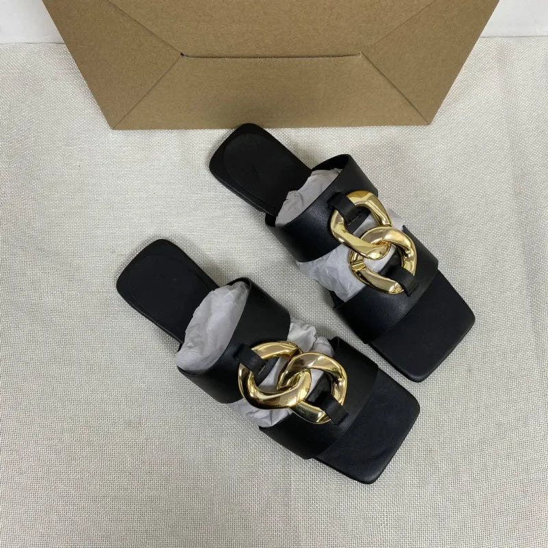 Gominglo - Summer Leather Slides Square Toe Sandals for Women