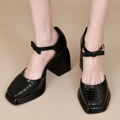 Gominglo - Elegant Square Toe Platform Pumps Women's Patent Leather