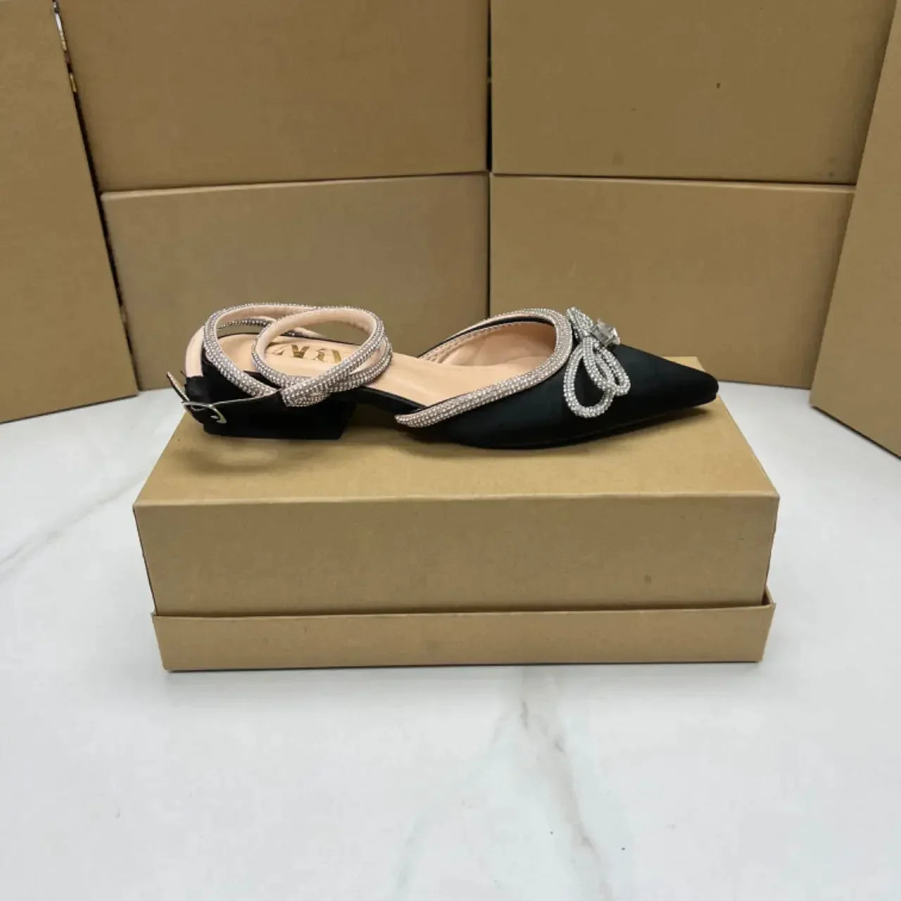 Gominglo- Rhinestone Bowknot Flats with Ankle Strap