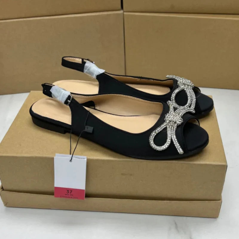 Gominglo- Soft Sole Peep Toe Slingback Mules with Crystal Butterfly-knot