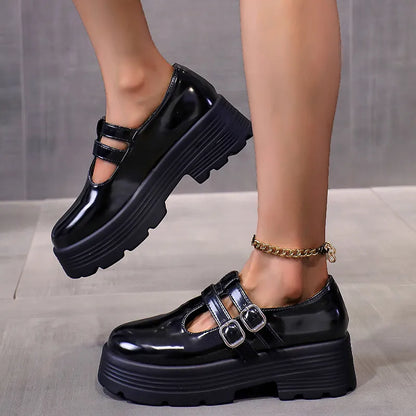 Gominglo - Double Buckle Strap Chunky Platform Pumps for Women Patent Leather