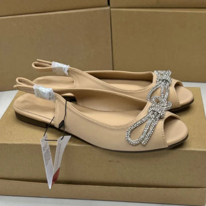 Gominglo- Soft Sole Peep Toe Slingback Mules with Crystal Butterfly-knot
