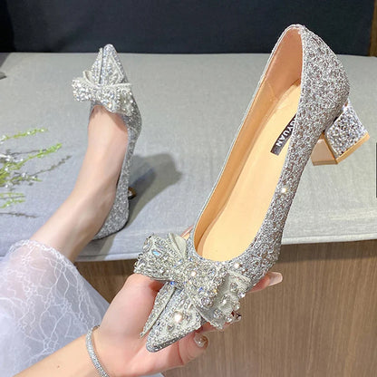 Gominglo - New Shiny Crystal Bowknot Pumps with Thick Heels