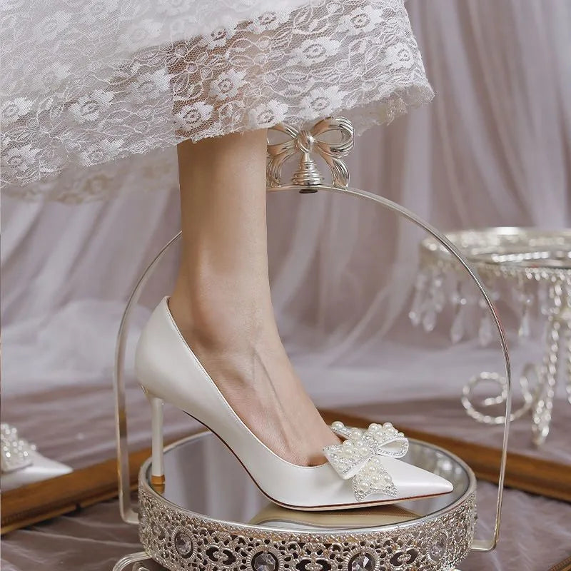 Gominglo - Luxury Pearl Bowknot Wedding Pumps Stiletto Heels with Silk Pointed Toe