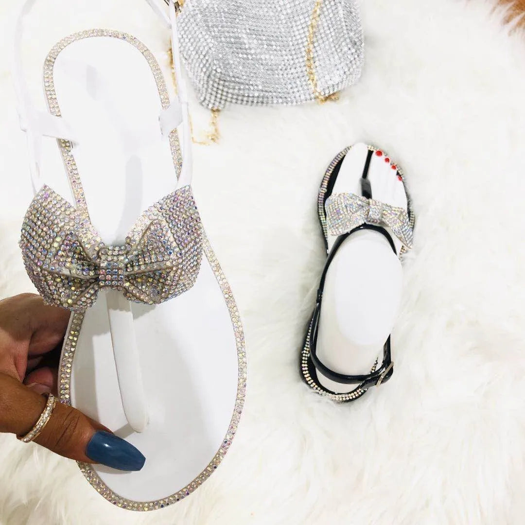 Gominglo - White Diamond Bow Sandals Large Size, Clip Toe Flip Flops