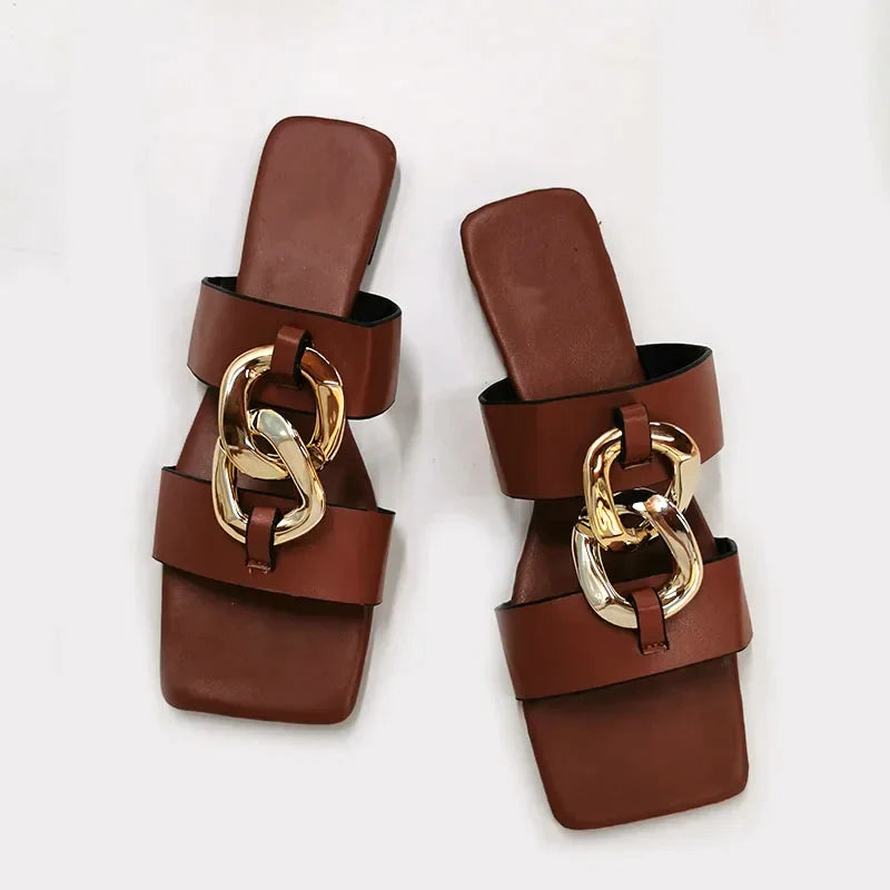 Gominglo - Summer Leather Slides Square Toe Sandals for Women