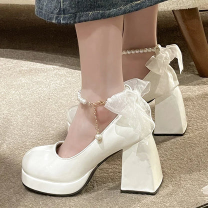 Gominglo - Pearl Ankle Strap Platform Pumps for Women Super High Heels