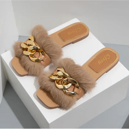 Gominglo - Plush Chain Sandals Fashionable White Flats with Furry Fur