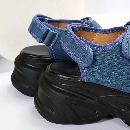 Gominglo - Summer Women's Plus Size Blue Denim Chunky Platform