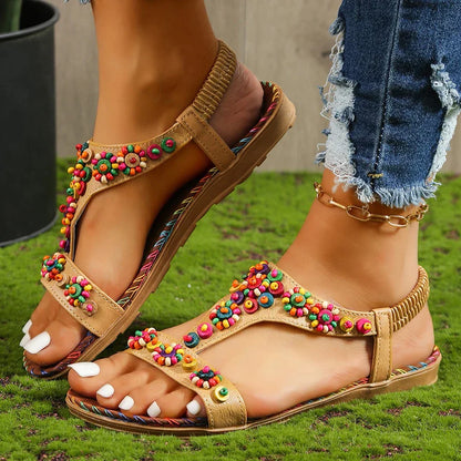 Gominglo - Boho-Chic Beaded T-Strap Sandals Colorful, Comfy, and Trendy