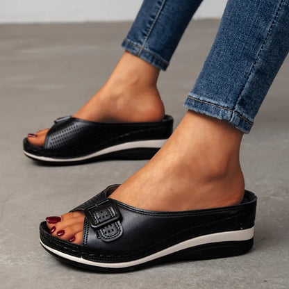 Gominglo - Buckle Fish Mouth Wedge Slippers