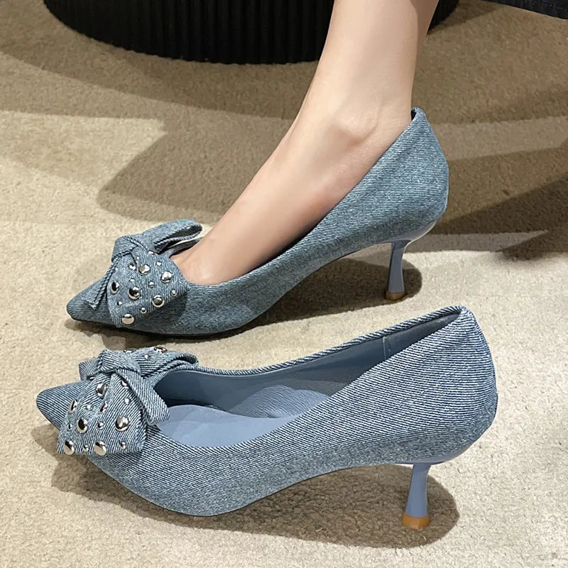 Gominglo - Denim Delight New Pointed Toe Rhinestone Bowknot High Heel Pumps