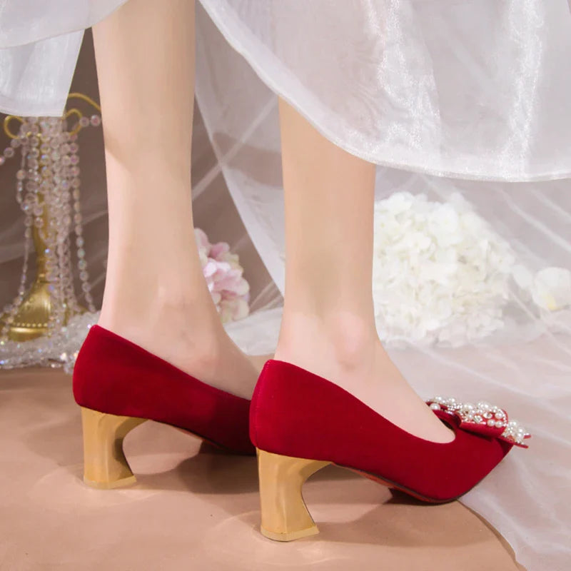 Gominglo - Elegant Red Silk Wedding Bride Shoes Pearl Bowknot Pointed Toe Pumps