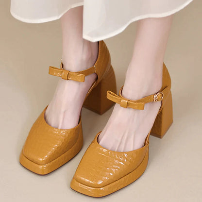 Gominglo - Elegant Square Toe Platform Pumps Women's Patent Leather