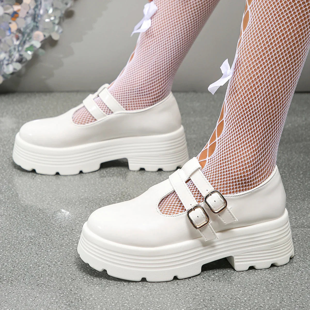 Gominglo - Chunky Platform Shoes for Women Patent Leather Double Buckle Strap