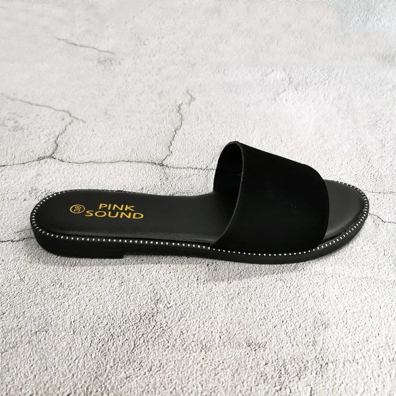 Gominglo- Peep Toe Solid Flat Slides, Comfortable Fashion