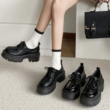 Gominglo - Sophisticated Style Black Patent Leather Oxford Chunky Platform Pumps