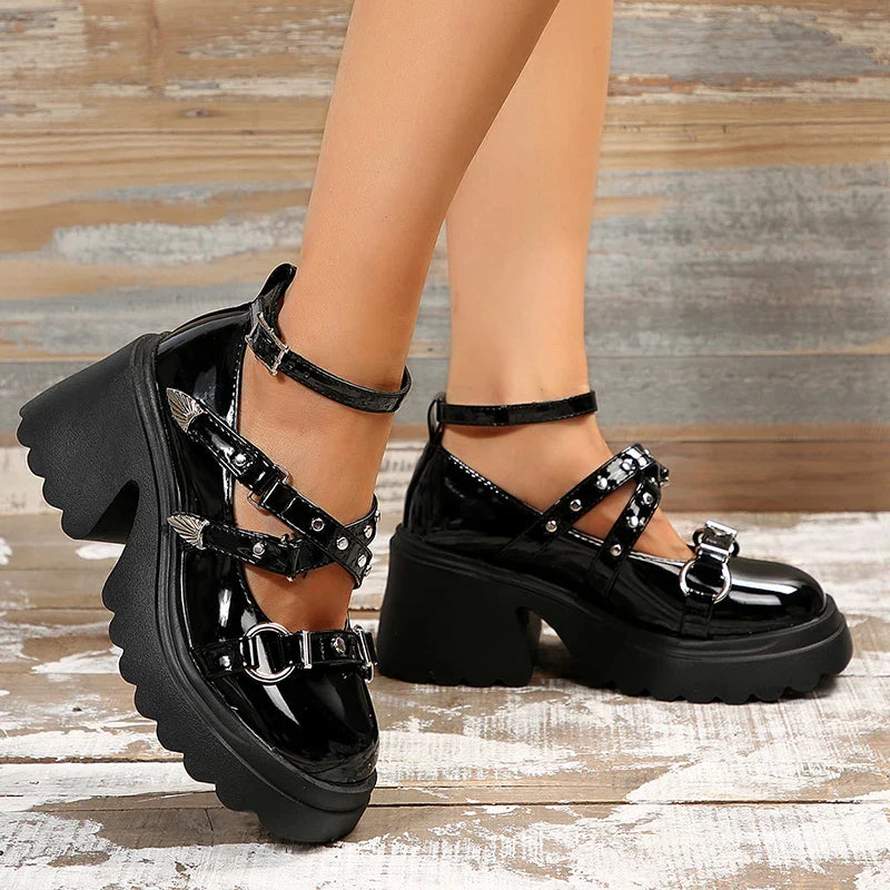 Gominglo - Y2K Gothic Glam Women's Patent Leather Ankle Strap Chunky