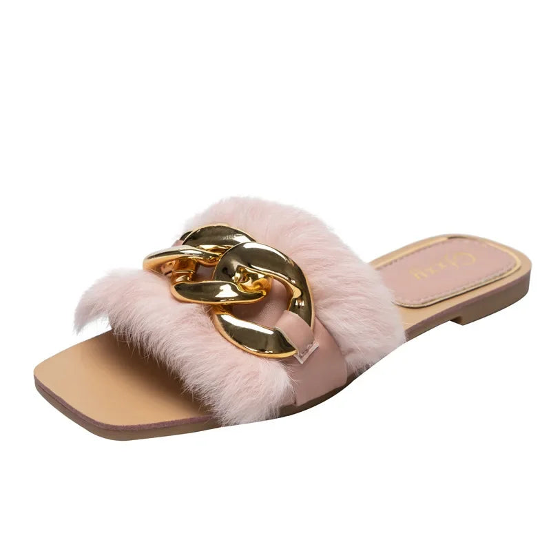 Gominglo - Plush Chain Sandals Fashionable White Flats with Furry Fur