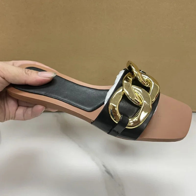 Gominglo- Ladies Slides with Metal Buckle Design