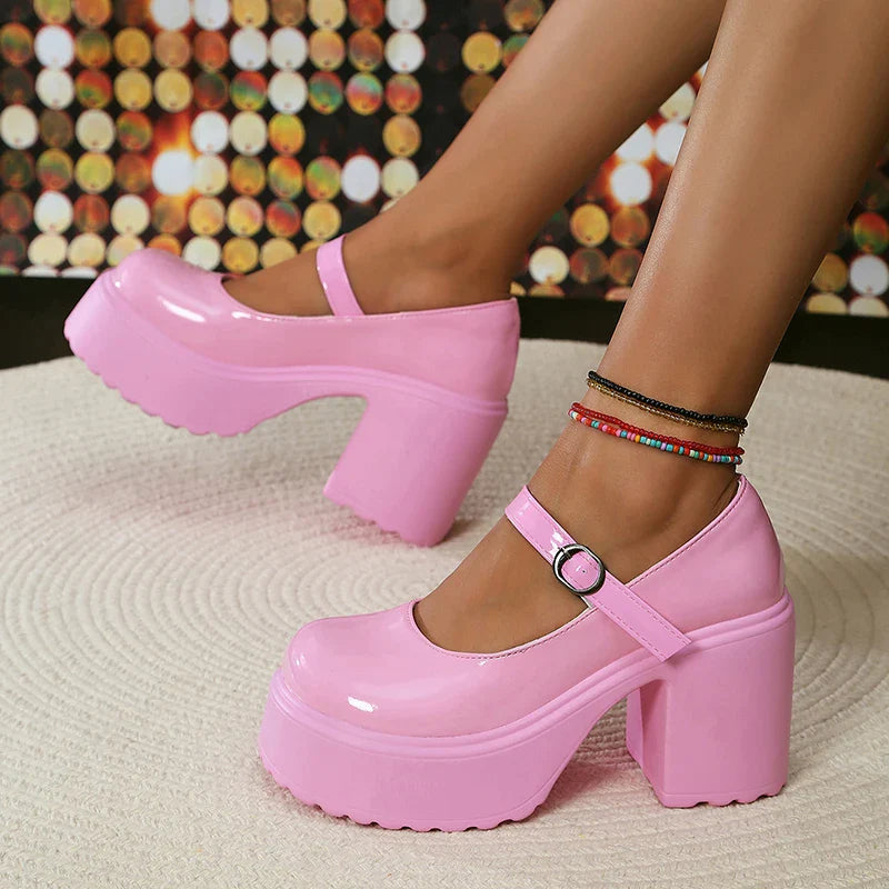 Gominglo - Hot Pink Chunky Platform Pumps Patent Leather with Super High Heels