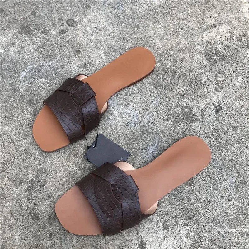 Gominglo- Fashionable PU Leather Beach Slides for Women