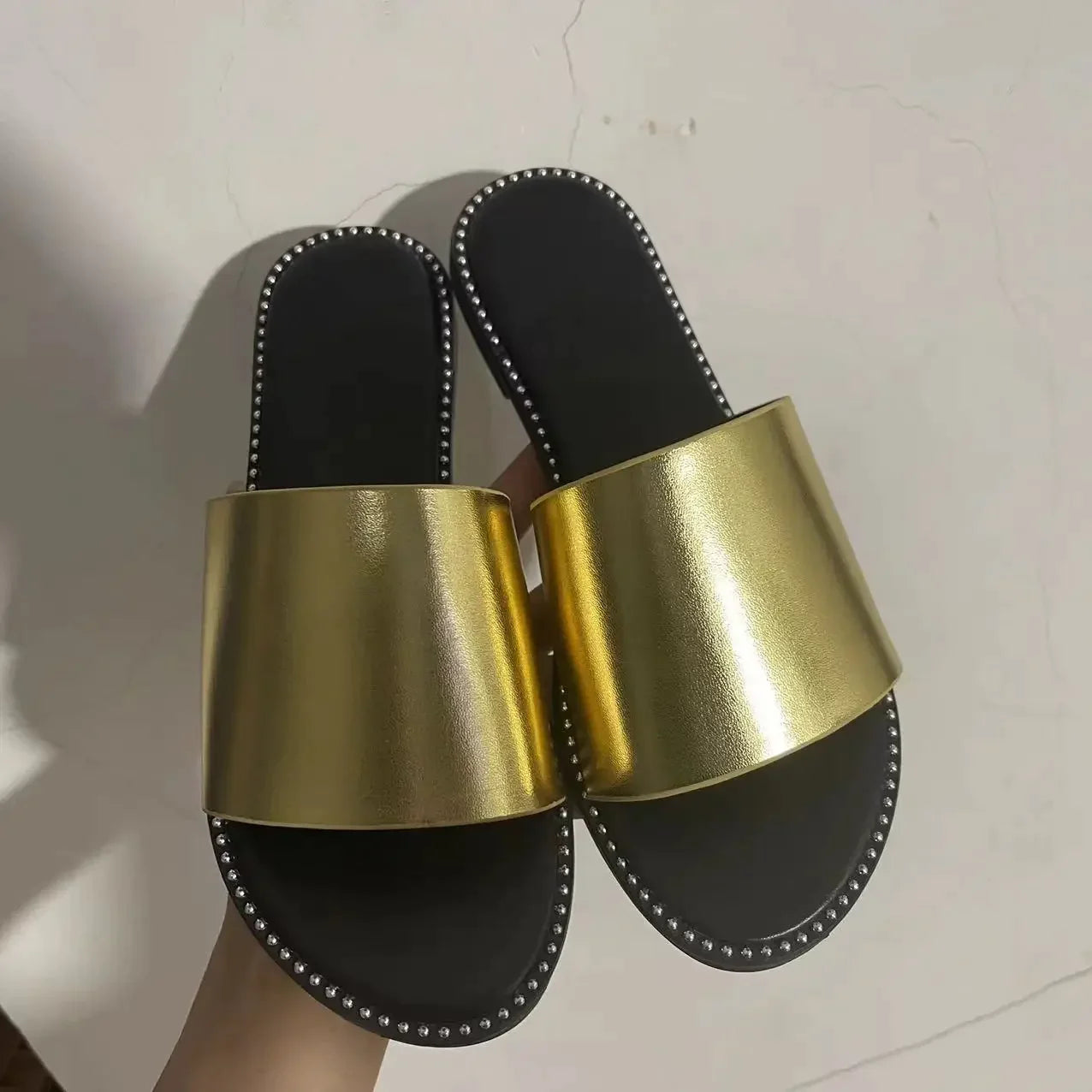 Gominglo- Peep Toe Solid Flat Slides, Comfortable Fashion