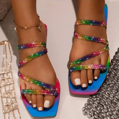 Gominglo- Summer Sandals with Rhinestone Explosion, Stunning Flat