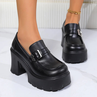 Gominglo - Gothic Black Chunky Heels Pumps for Women PU Leather