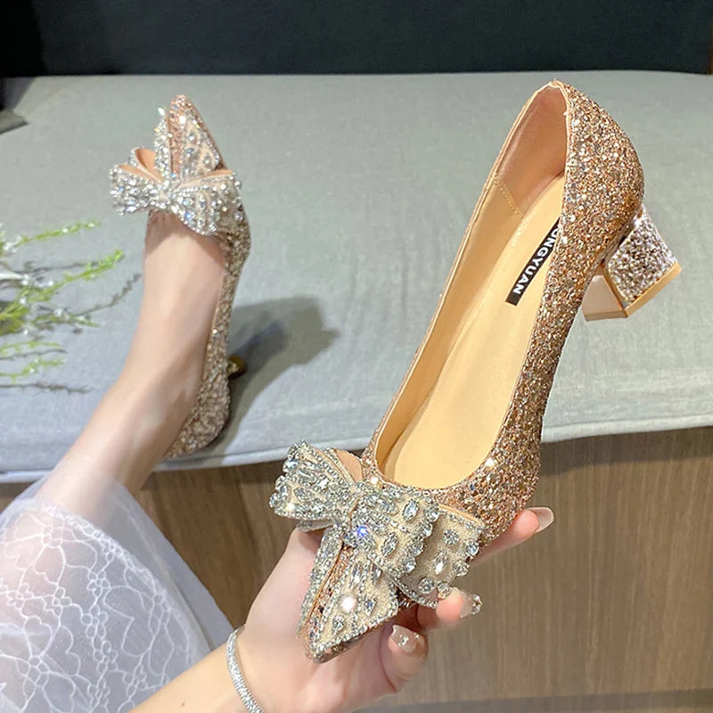 Gominglo - New Shiny Crystal Bowknot Pumps with Thick Heels