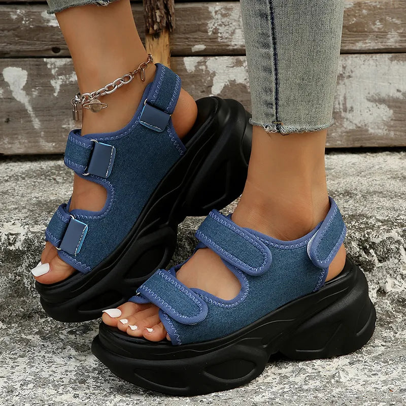 Gominglo - Summer Women's Plus Size Blue Denim Chunky Platform