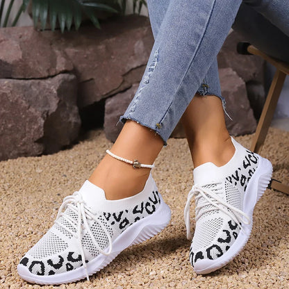 Gominglo - Plus Size Leopard Printed Knitting Sneakers