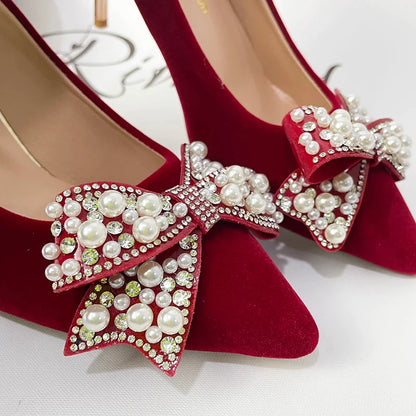 Gominglo - Ravishing Red Women's Luxury Pearl Bowknot Pointed Toe