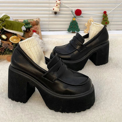 Gominglo -  Gothic Chunky High Heels Pumps for Women, Patent Leather
