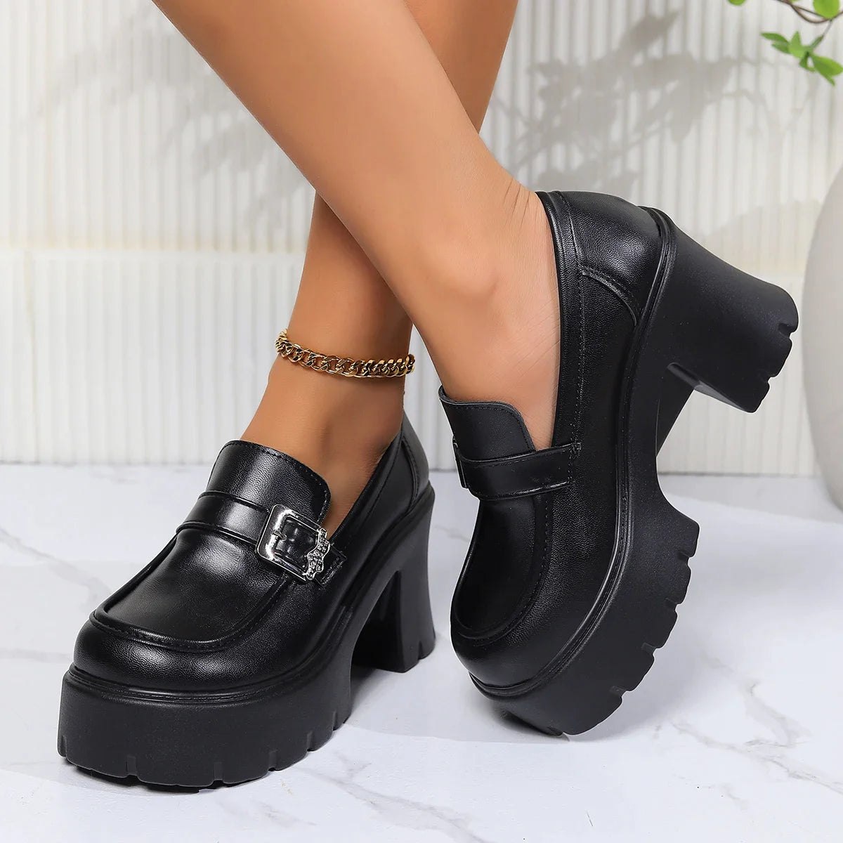 Gominglo - Gothic Black Chunky Heels Pumps for Women PU Leather