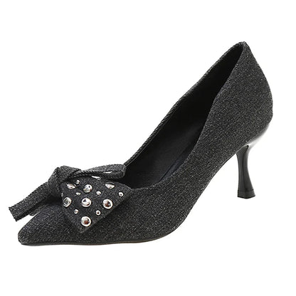 Gominglo - Denim Delight New Pointed Toe Rhinestone Bowknot High Heel Pumps