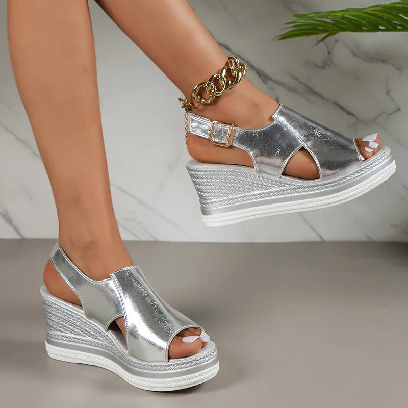 Gominglo - Summer PU Leather Wedge Sandals Gold & Silver, Peep Toe Platform