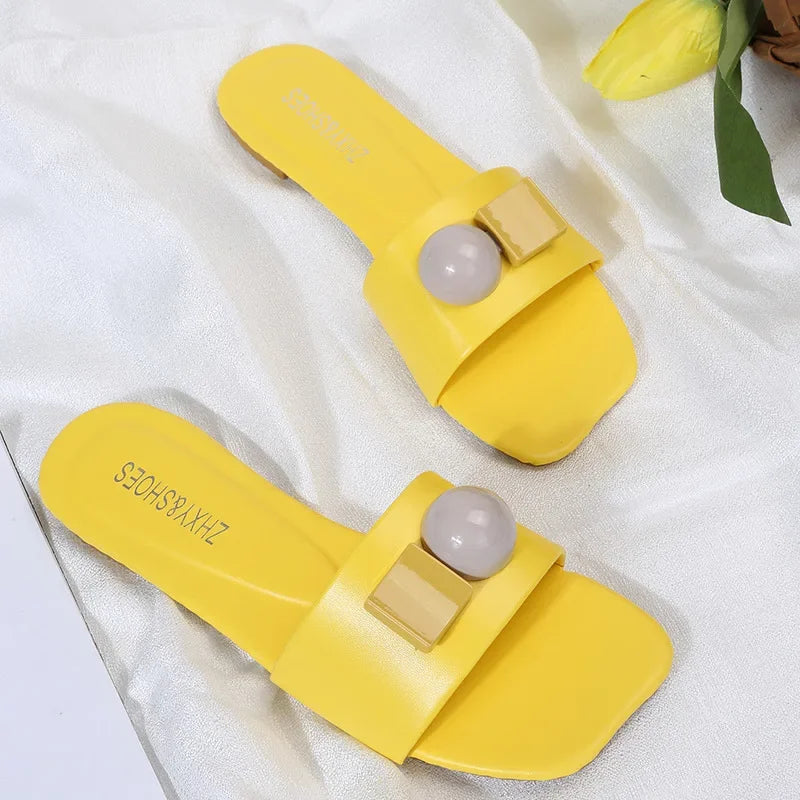 Gominglo- Bright Yellow Slides for Women, Fashionable and Flat Bottomed